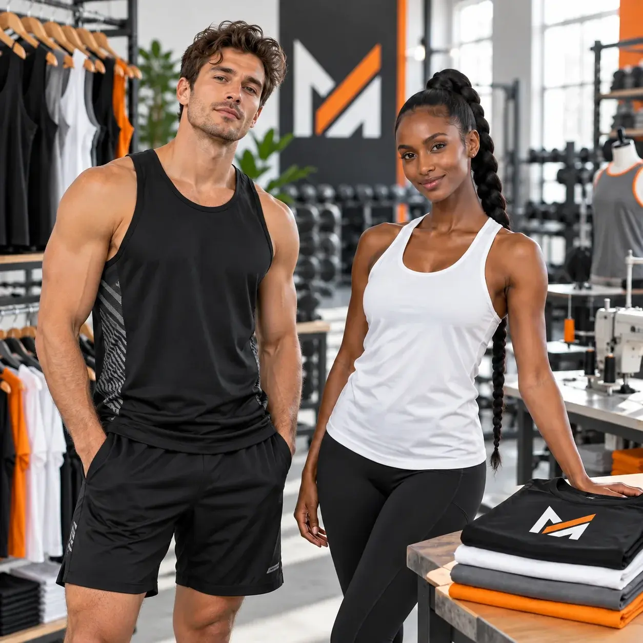 Two models wearing black and white custom athletic tank tops in a modern apparel studio, with folded sportswear and a Mega Apparel logo in the background.